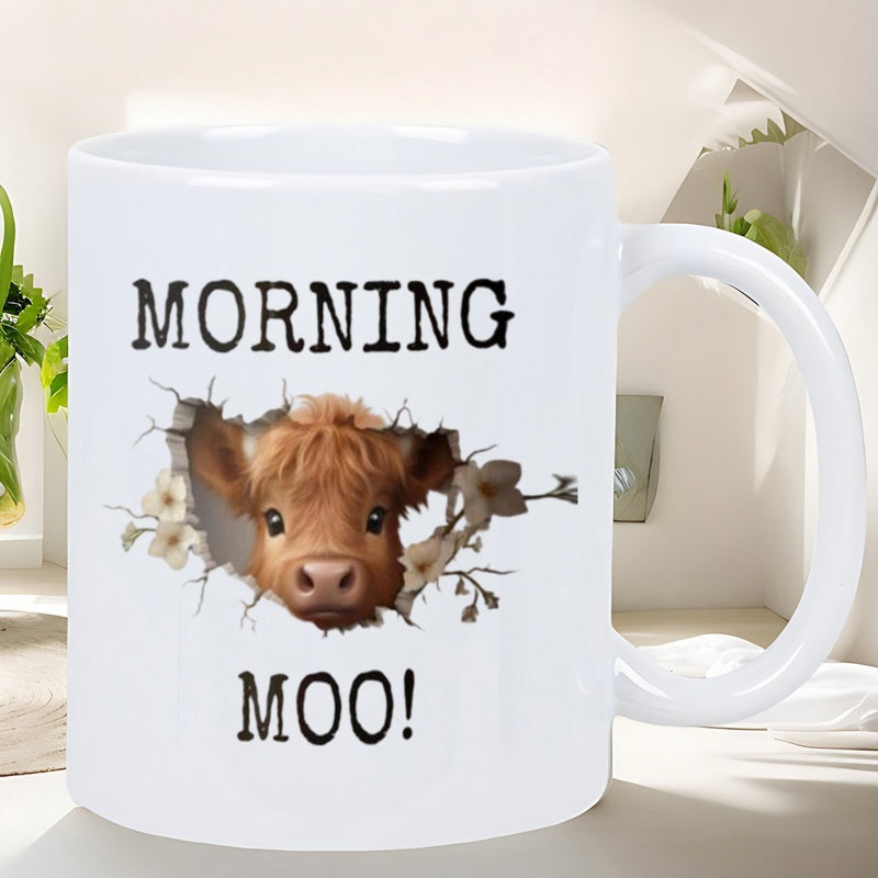 Tailorly White Ceramic 11 oz Mug - Morning Moo Fluffy Highland Calf Peeking Through A Cracked Wall Decorated With Flowers Cow