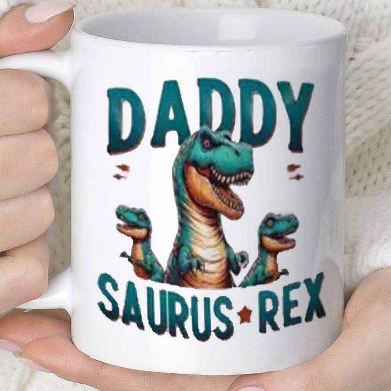 Tailorly White Ceramic 11 oz Mug - Daddy Saurus Rex Three Friendly Green Dinosaurs With Vibrant Orange Bellies Standing Proudly Dinosaur