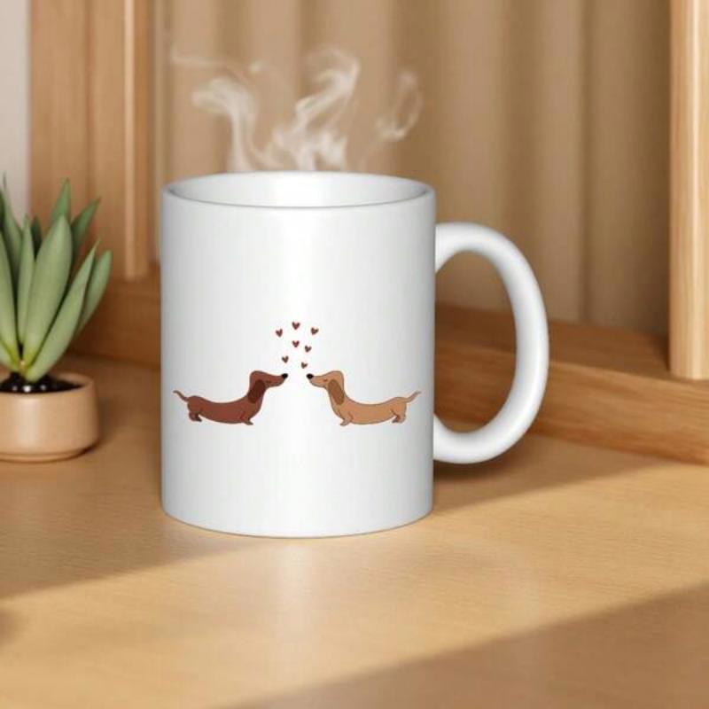 Tailorly White Ceramic 11 oz Mug - Two Adorable Brown Puppies Sharing Love Under A Cluster Of Hearts Dachshund