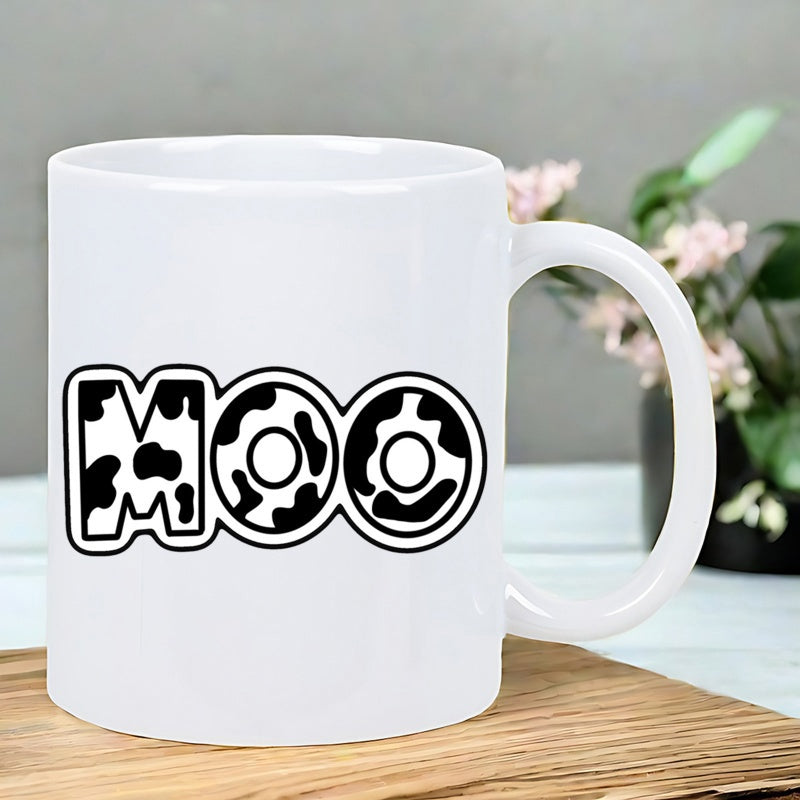 Tailorly White Ceramic 11 oz Mug - Moo Artistic Bold Bubble Letters Featuring Black And White Spotted Cow Pattern Lettering
