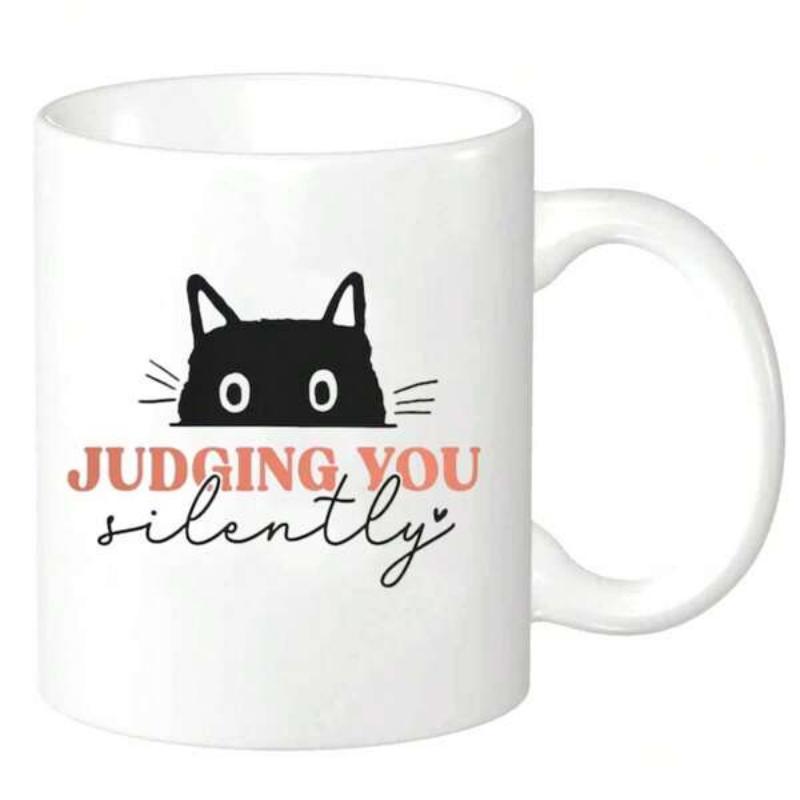 Tailorly White Ceramic 11 oz Mug - Judging You Silently Minimalist Black Peeking Cat Silhouette With Wide Curious Eyes Cat