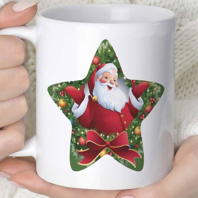 Tailorly White Ceramic 11 oz Mug - Cheerful Festive Star Frame With Greenery Ornaments And Ribbon Santa