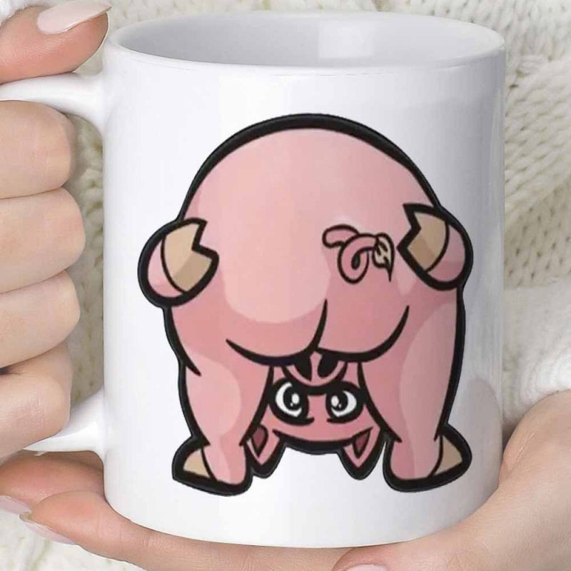 Tailorly White Ceramic 11 oz Mug - Funny Pink Cartoon Animal Looking Back Between Its Legs Pig