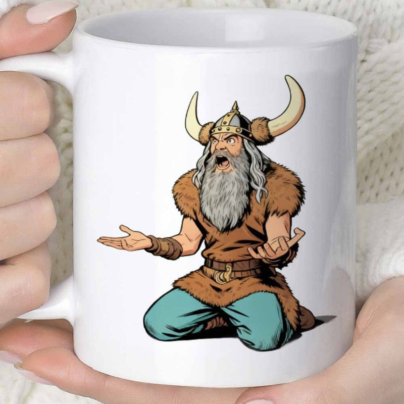 Tailorly White Ceramic 11 oz Mug - Fierce Shouting Warrior Wearing Horned Helmet And Fur Tunic Kneeling Viking