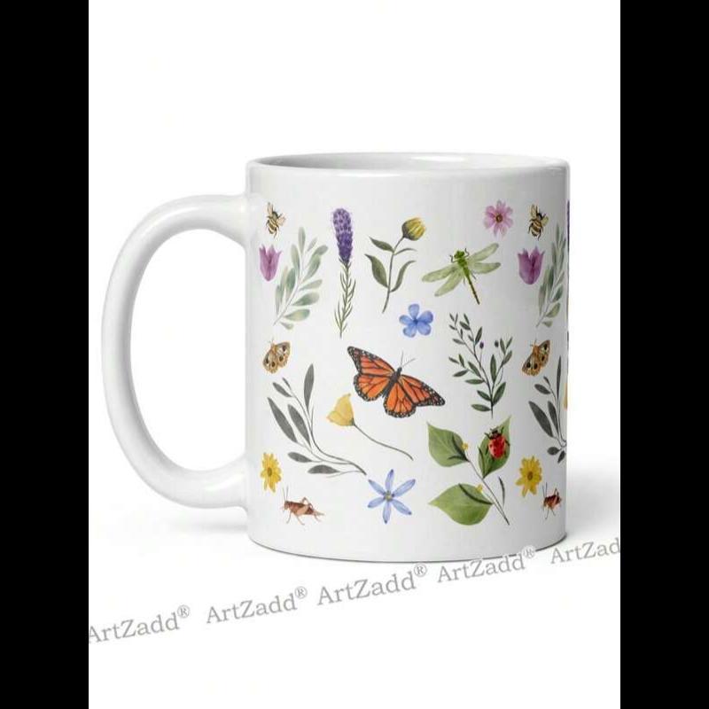 Tailorly White Ceramic 11 oz Mug - Watercolor Meadow Insects Among Blooming Wildflowers And Green Leaves Butterfly