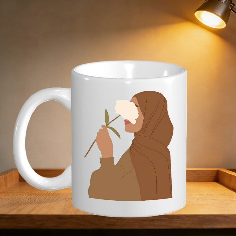 Tailorly White Ceramic 11 oz Mug - Minimalist Faceless Illustration Featuring Brown Hijab And Delicate White Flower Woman