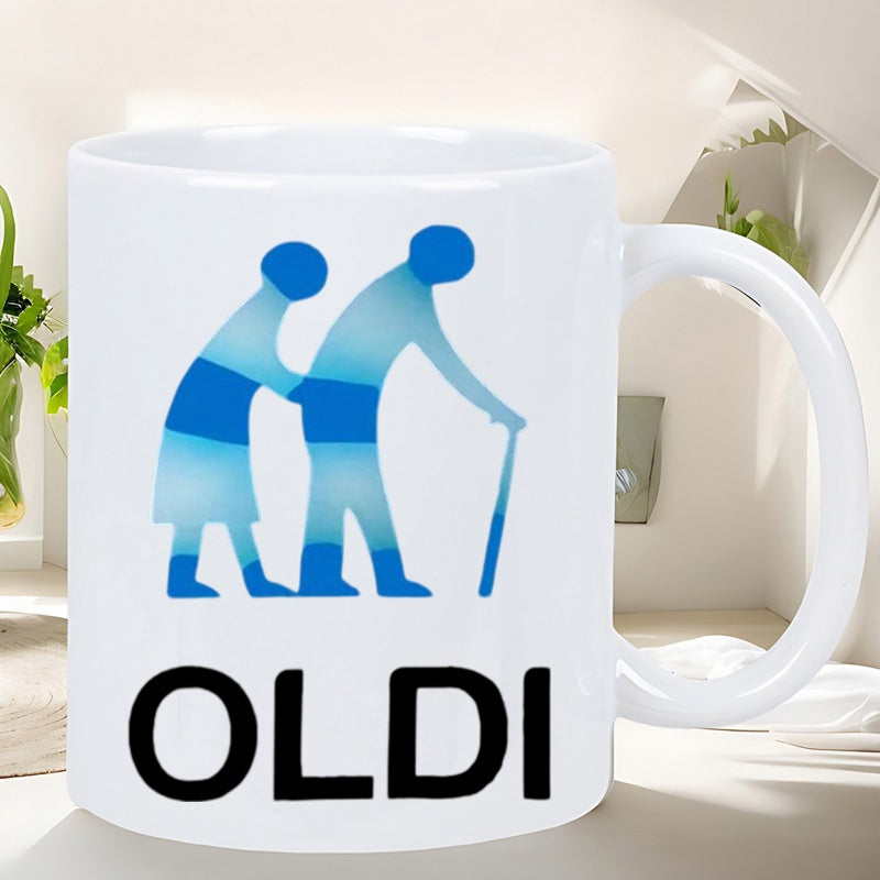 Tailorly White Ceramic 11 oz Mug - Oldi Stylized Blue Striped Elderly People Silhouettes Walking With A Cane Couple