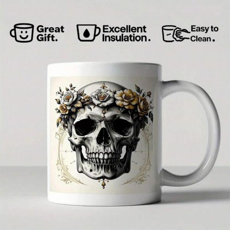 Tailorly White Ceramic 11 oz Mug - Great Gift Excellent Insulation Easy To Clean Intricate Realistic Human Skull Wearing Crown Of Delicate Blooming Roses Skull