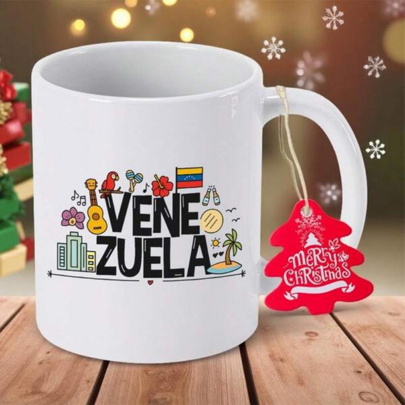 Tailorly White Ceramic 11 oz Mug - Venezuela Vibrant Cultural Icons Representing A Country With Palm Trees And Musical Instruments Mug