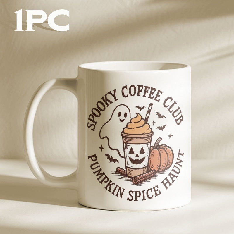Tailorly White Ceramic 11 oz Mug - Spooky Coffee Club Pumpkin Spice Haunt Whimsical Ghost Beside Halloween Pumpkin Spice Beverage Under Dancing Tiny Bats Mug
