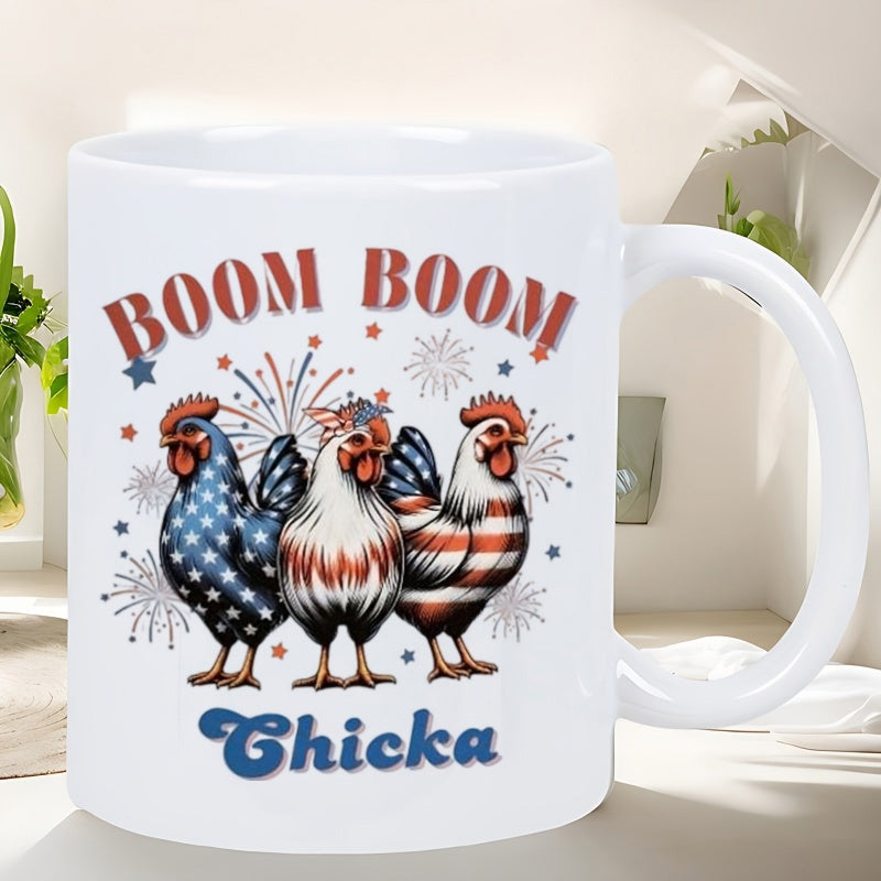 Tailorly White Ceramic 11 oz Mug - Boom Boom Chicka Three Patriotic Roosters With American Flag Stars And Stripes Patterns Under Fireworks Rooster