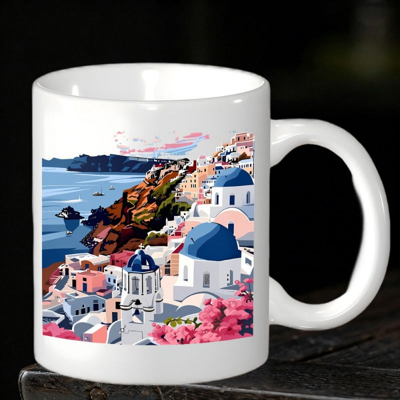 Tailorly White Ceramic 11 oz Mug - Scenic Coastal Mediterranean Village With Blue Domes And Vibrant Pink Flowers Landscape