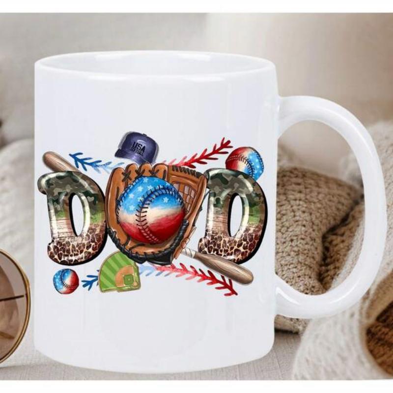 Tailorly White Ceramic 11 oz Mug - Dad Patriotic American Flag Styled Sports Gear Featuring Glove And Wooden Bat Baseball
