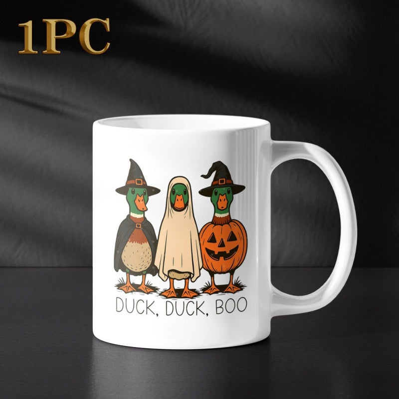 Tailorly White Ceramic 11 oz Mug - Duck Duck Boo Three Mallard Ducks Wearing Ghost Witch And Pumpkin Halloween Costumes Duck