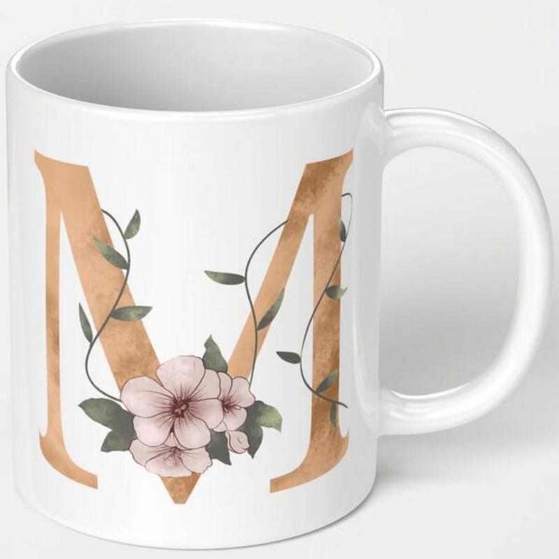 Tailorly White Ceramic 11 oz Mug - M Elegant Wooden Texture Monogram Entwined With Delicate Soft Pink Blooming Flowers Mug