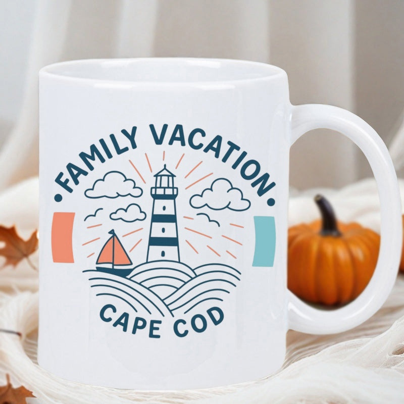 Tailorly White Ceramic 11 oz Mug - Family Vacation Cape Cod Majestic Striped Lighthouse Standing Over Ocean Waves With Clouds And Sailboat Lighthouse