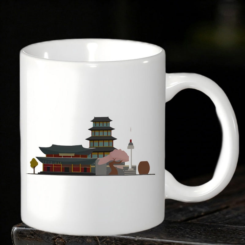 Tailorly White Ceramic 11 oz Mug - Traditional Korean Architecture And Modern Tower Under Soft Scenic Horizon Skyline