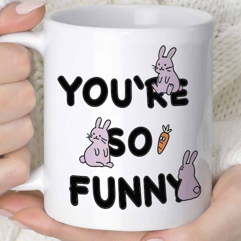 Tailorly White Ceramic 11 oz Mug - You're So Funny Playful Hand Drawn Style Purple Bunnies Eating A Tasty Orange Carrot Rabbit