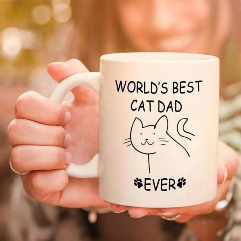 Tailorly White Ceramic 11 oz Mug - World's Best Cat Dad Ever Minimalist Hand Drawn Line Art Of A Cute Sitting Feline Domesticated Pet Cat