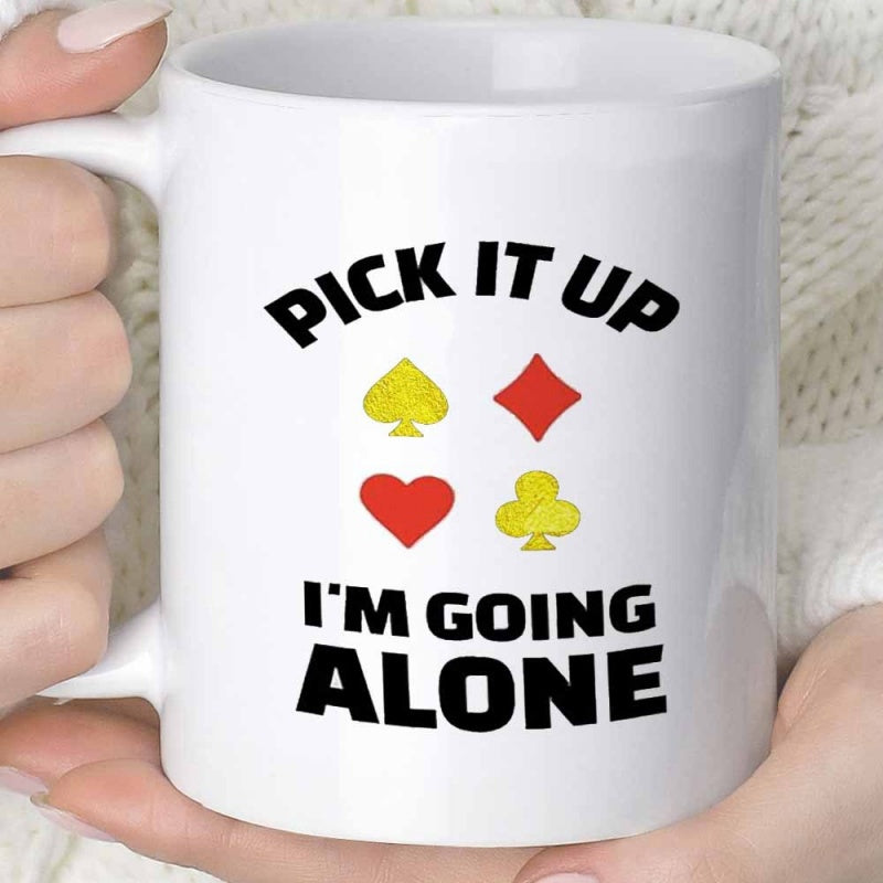 Tailorly White Ceramic 11 oz Mug - Pick It Up Im Going Alone Vibrant Playing Card Suits Arranged Inside A Square Grid Pattern Card Suits
