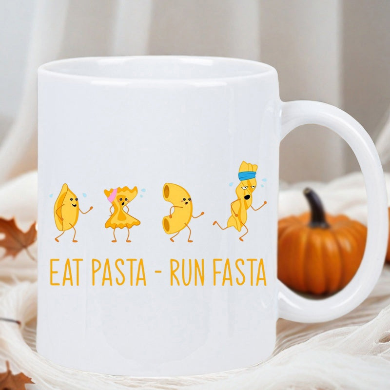 Tailorly White Ceramic 11 oz Mug - Eat Pasta Run Fasta Four Anthropomorphic Cartoon Characters Running Across The White Surface Pasta