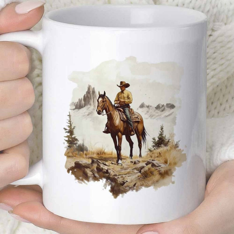Tailorly White Ceramic 11 oz Mug - Rustic Watercolor Landscape With A Lone Rider Moving Through Mountains Cowboy