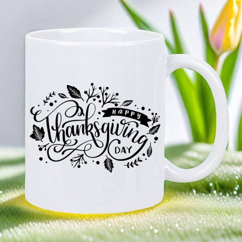 Tailorly White Ceramic 11 oz Mug - Happy Thanksgiving Day Elegant Botanical Leaves With Swirling Decorative Lines And Autumn Berries Mug