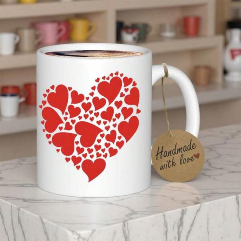 Tailorly White Ceramic 11 oz Mug - Handmade With Love Vibrant Red Hearts Arranged Together To Form A Large Artistic Mosaic Heart