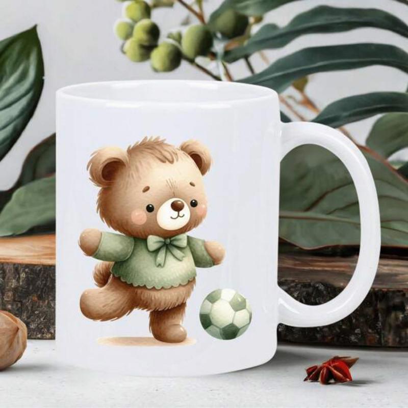 Tailorly White Ceramic 11 oz Mug - Adorable Furry Brown Bear Wearing Green Sweater Kicking Small Soccer Ball Bear