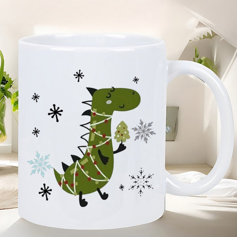 Tailorly White Ceramic 11 oz Mug - Cute Festive Green Cartoon Dinosaur Wrapped In Lights Among Winter Snowflakes Dinosaur
