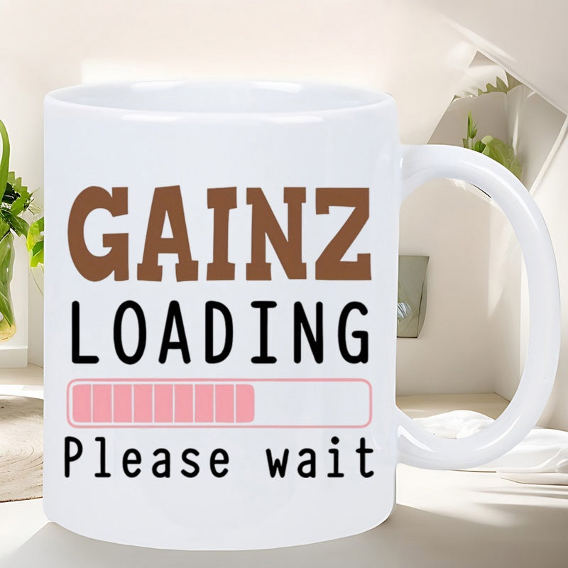 Tailorly White Ceramic 11 oz Mug - Gainz Loading Please Wait Digital Progress Bar With Pink Segments Displayed On A Sleek Mug