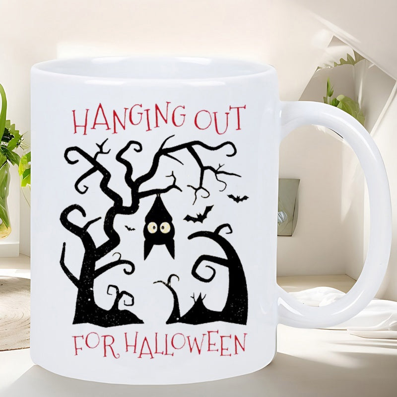 Tailorly White Ceramic 11 oz Mug - Hanging Out For Halloween Spooky Gnarled Tree Silhouette Featuring A Cute Bat Hanging Upside Down Bat