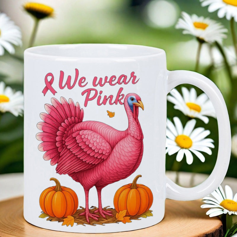 Tailorly White Ceramic 11 oz Mug - We Wear Pink Vibrant Pink Turkey Standing Between Two Small Orange Autumn Pumpkins Turkey