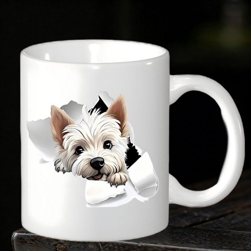 Tailorly White Ceramic 11 oz Mug - Adorable Small White Terrier Peeking Through Ripped White Paper Hole Dog