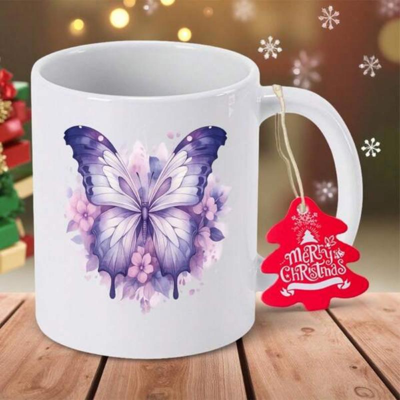 Tailorly White Ceramic 11 oz Mug - Merry Christmas Elegant Purple Watercolor Pattern Surrounded By Small Blooming Flowers Butterfly