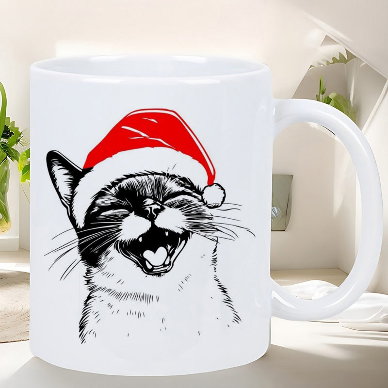 Tailorly White Ceramic 11 oz Mug - Joyful Sketchy Christmas Kitten Wearing A Festive Red Santa Hat Cat