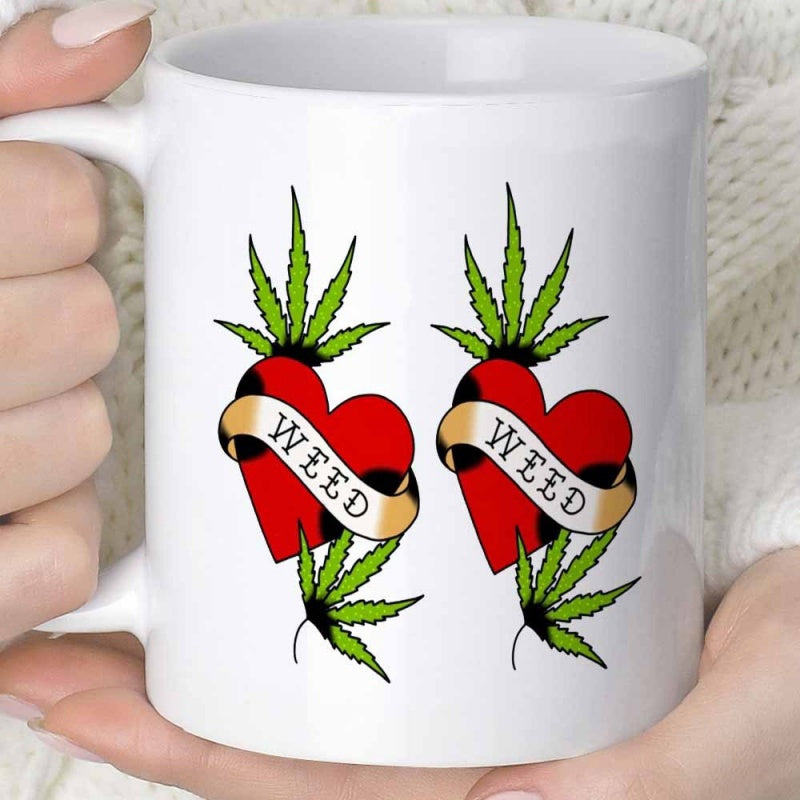 Tailorly White Ceramic 11 oz Mug - Weed Vintage Tattoo Style Red Heart Featuring Green Cannabis Leaves Heart