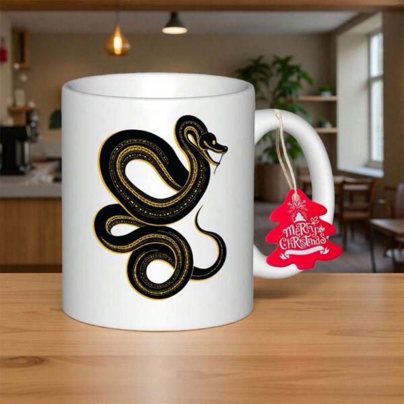 Tailorly White Ceramic 11 oz Mug - Merry Christmas Coiled Black Serpent Featuring Elegant Golden Striped Pattern Detailed Snake