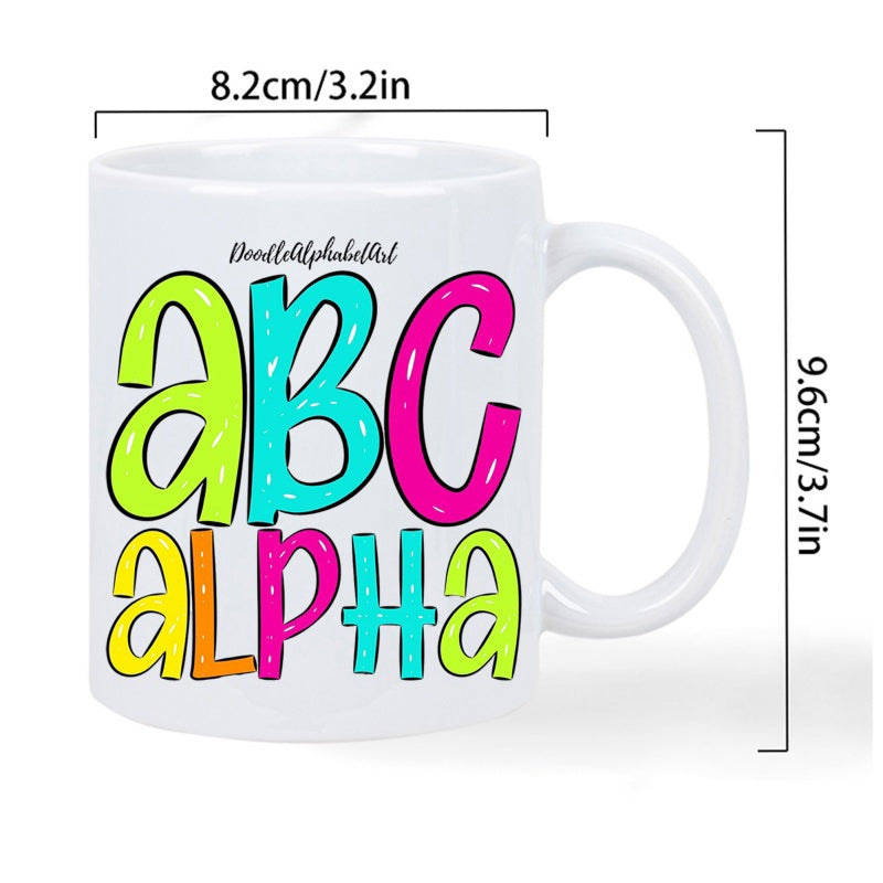Tailorly White Ceramic 11 oz Mug - Abc Alpha Vibrant Multi Colored Bubbly Letters Featuring Glossy Surfaces And Dark Outlines Alphabet