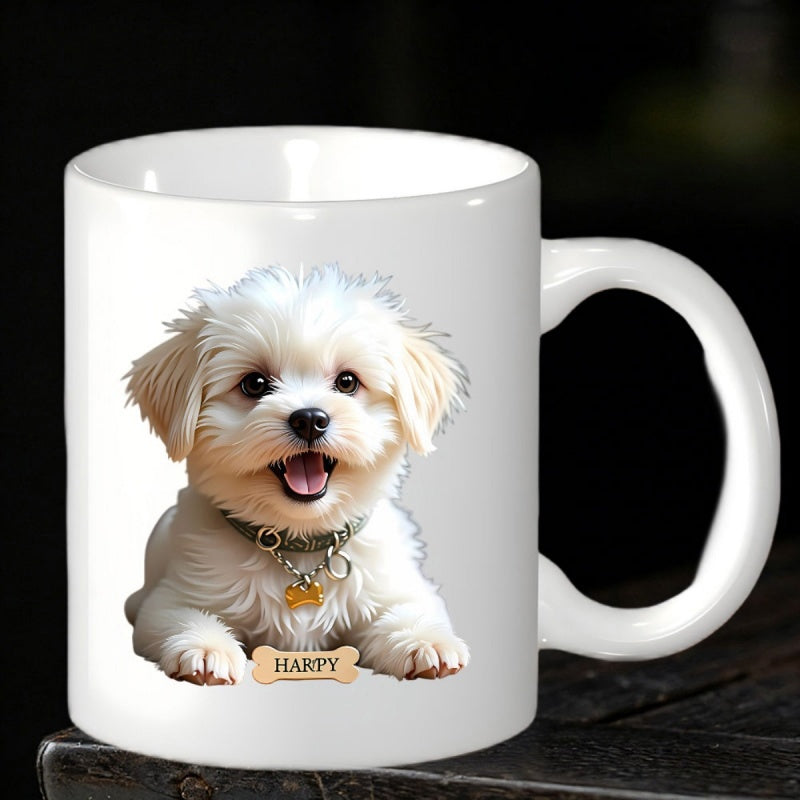 Tailorly White Ceramic 11 oz Mug - Happy Adorable Fluffy White Pet Dog Wearing Collar With Bone Charm Puppy
