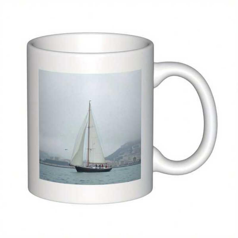 Tailorly White Ceramic 11 oz Mug - Elegant Cruising On Calm Ocean Waters Near Misty Distant Mountains Sailboat