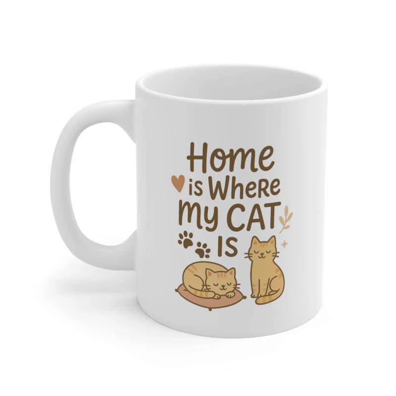 Tailorly White Ceramic 11 oz Mug - Home Is Where My Cat Is Two Cute Ginger Kittens Resting Together With Small Heart And Paw Prints Cat