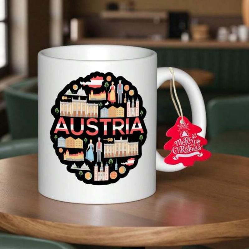 Tailorly White Ceramic 11 oz Mug - Austria Circular Black Badge Featuring Various Iconic Landmarks And Figures Representing Austria Heritage Landmark