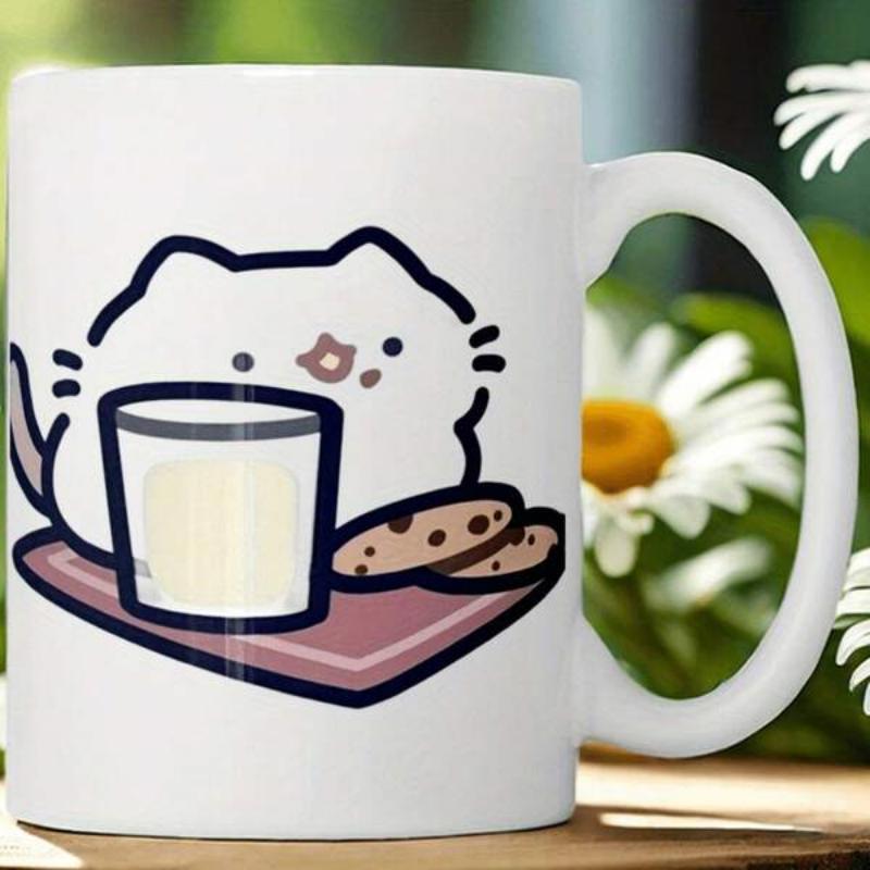 Tailorly White Ceramic 11 oz Mug - Adorable Cartoon Feline Sitting With Refreshing Glass Of Milk And Cookies Cat