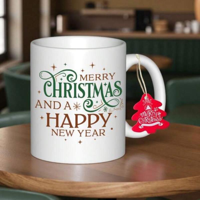 Tailorly White Ceramic 11 oz Mug - Merry Christmas And A Happy New Year Festive Artistic Lettering Surrounded By Twinkling Stars And Golden Sparkles Mug