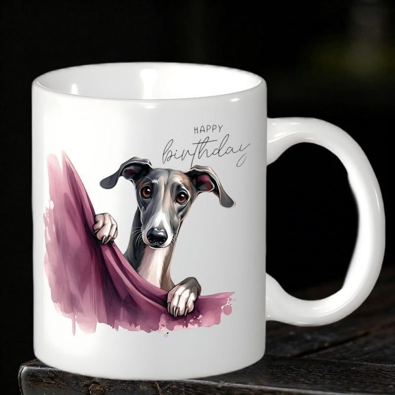 Tailorly White Ceramic 11 oz Mug - Happy Birthday Curious Peeking Greyhound Over Soft Purple Watercolor Fabric Dog