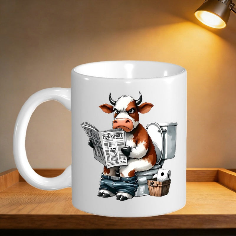 Tailorly White Ceramic 11 oz Mug - Humorous Grumpy Animal Reading Newspaper While Sitting On A Ceramic White Toilet Cow
