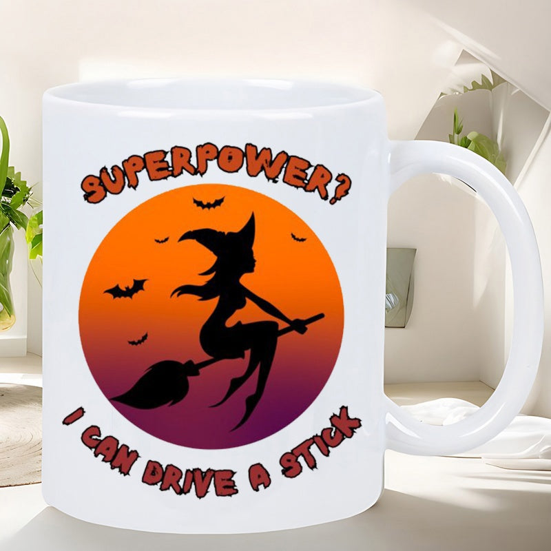 Tailorly White Ceramic 11 oz Mug - Superpower I Can Drive A Stick Silhouette Of A Flying Witch Against Large Orange Sunset Moon And Bats Witch