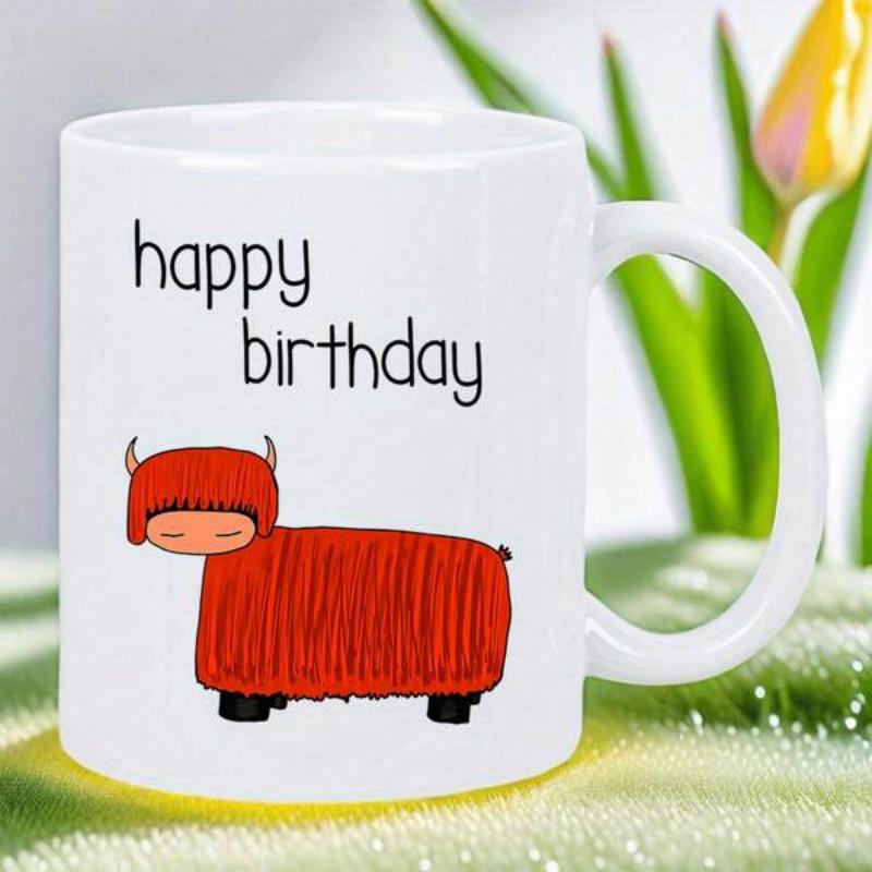Tailorly White Ceramic 11 oz Mug - Happy Birthday Minimalist Cartoon Style Fluffy Orange Animal Standing On Four Short Legs Cow