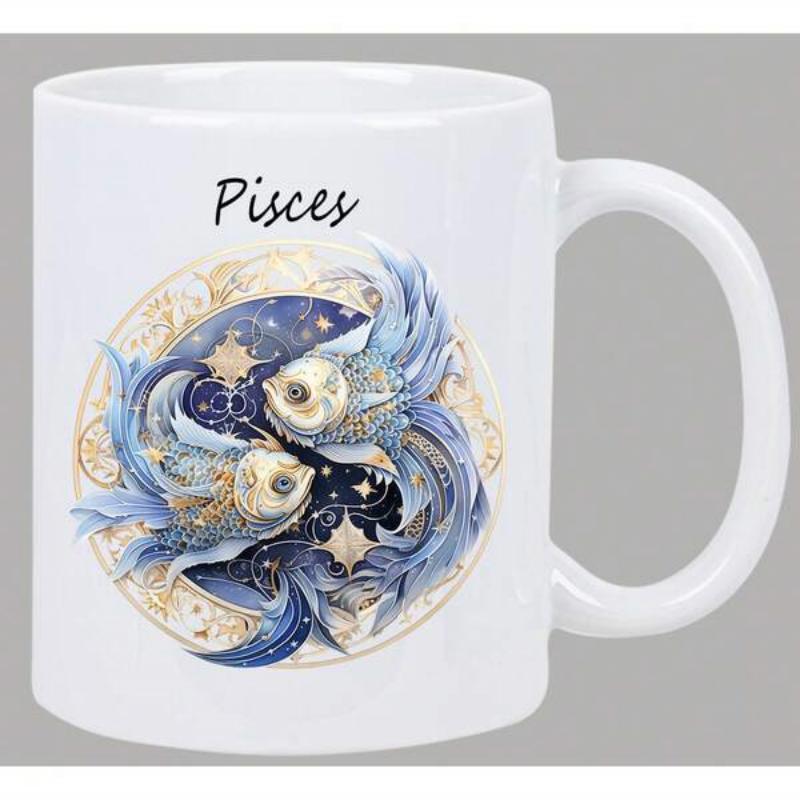 Tailorly White Ceramic 11 oz Mug - Pisces Intricate Celestial Zodiac Design Featuring Two Blue And Gold Fish Pisces